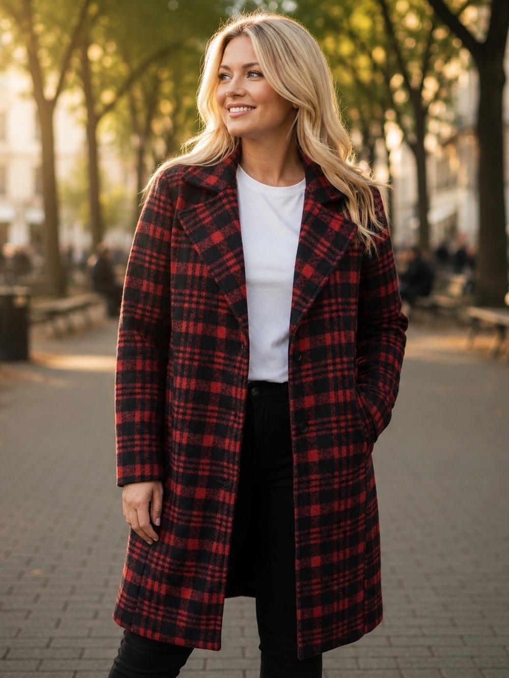 Bohme Red & Black Check Long Wool Coat Size M NWT